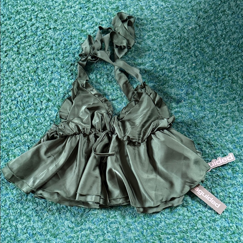 NEW green satin ruffle halter top